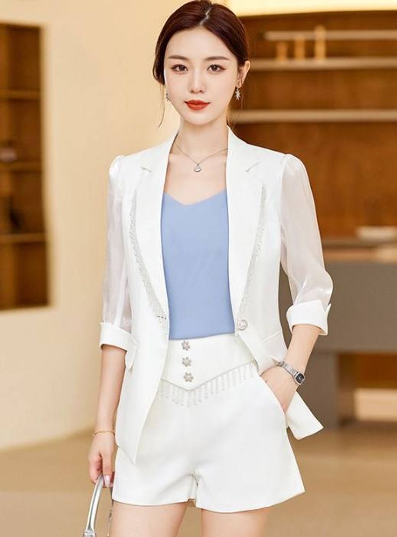 Women's suit jacket high waist shorts suit thin style fashionable and stylish casual three-quarter sleeve suit professional wear two-piece suit_voghion.com
