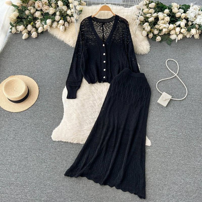 Women's Clothing hollow knitted suit long sleeved V neck loose top + medium length fishtail hip skirt, two piece suit_voghion.com