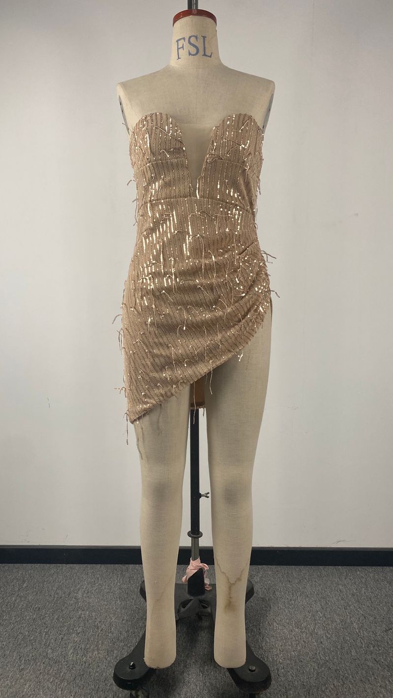 Women’s Clothing Autumn New Fashion Sexy Sequin Tassel V Neck Dress Irregular Dress_voghion.com