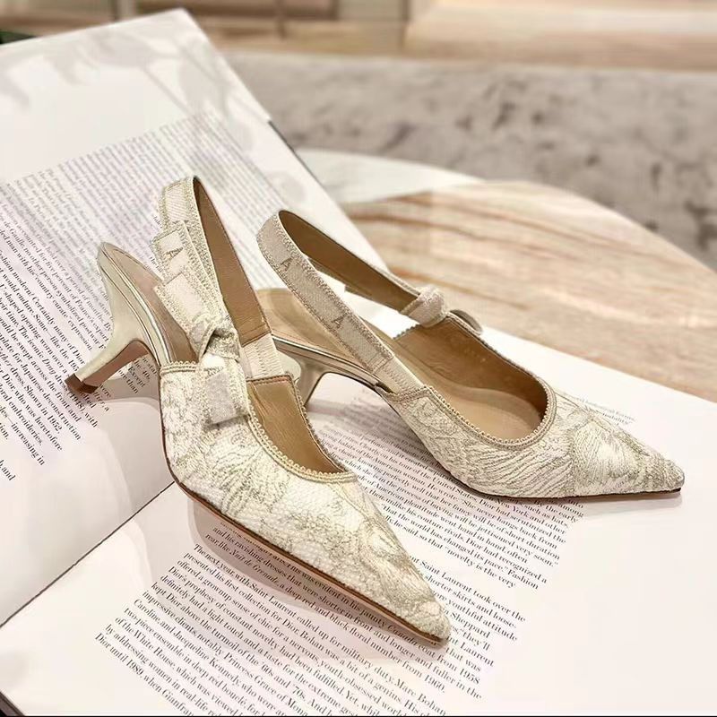 2025 New D Brand Embroidered Letter Bowknot Cat Heel High Heels Pointed Shallow Mouth Backless Closed Toe Sandals For_voghion.com