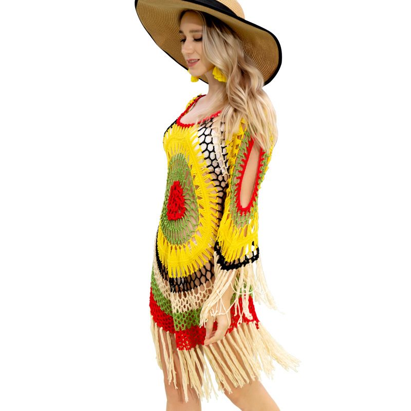 Hand-Crocheted Bikini Cover-Up Beach Tunic With Tassels Sexy Hollow Summer Air Conditioning Dress_voghion.com