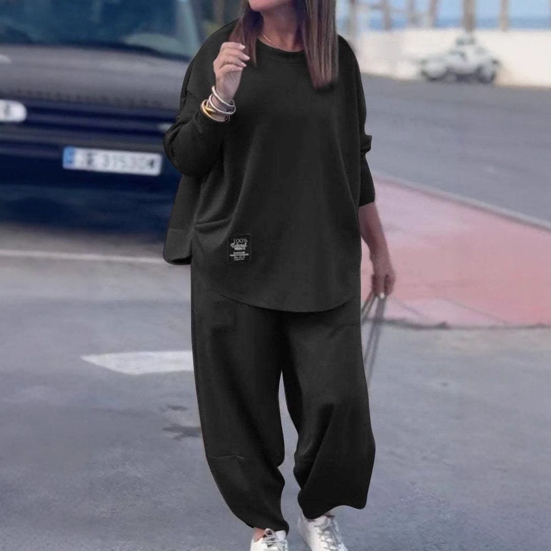 Conjunto de sudadera con capucha informal para mujer, corte de otoño e invierno, jersey de color liso con pantalones deportivos (negro, marrón y gris), poliéster, ropa cómoda para estar en casa._voghion.com