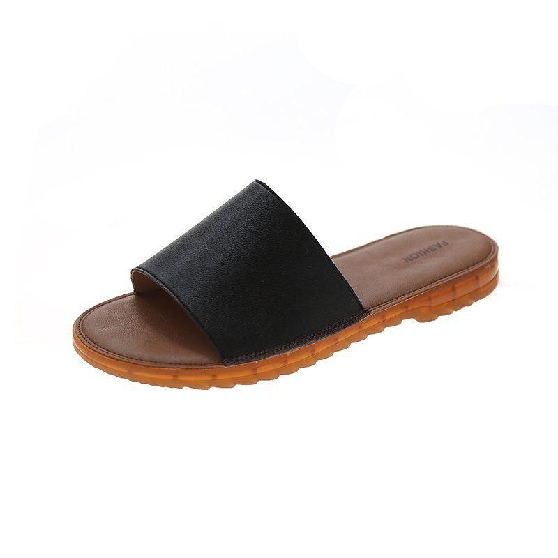 P Simple Leather Thick Soled Slippers Women S Outerwear Summer New All Match Oxford Soft One Word Beach Shoes_voghion.com