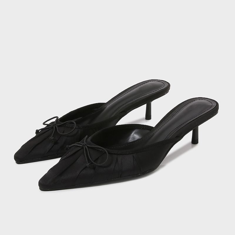 ZA2024 Sommer-Damenschuhe, schwarz, mit Schleife verziert, spitze Zehenpartie, flacher Absatz, elegante Pantoletten für draußen._voghion.com