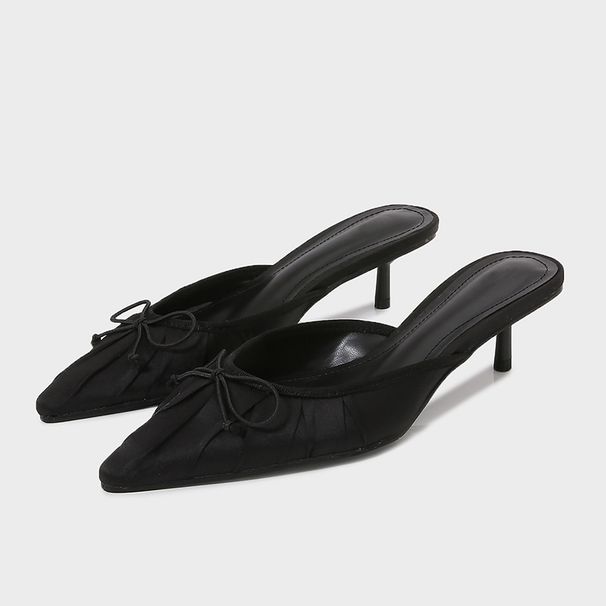 ZA2024 Sommer-Damenschuhe, schwarz, mit Schleife verziert, spitze Zehenpartie, flacher Absatz, elegante Pantoletten für draußen._voghion.com