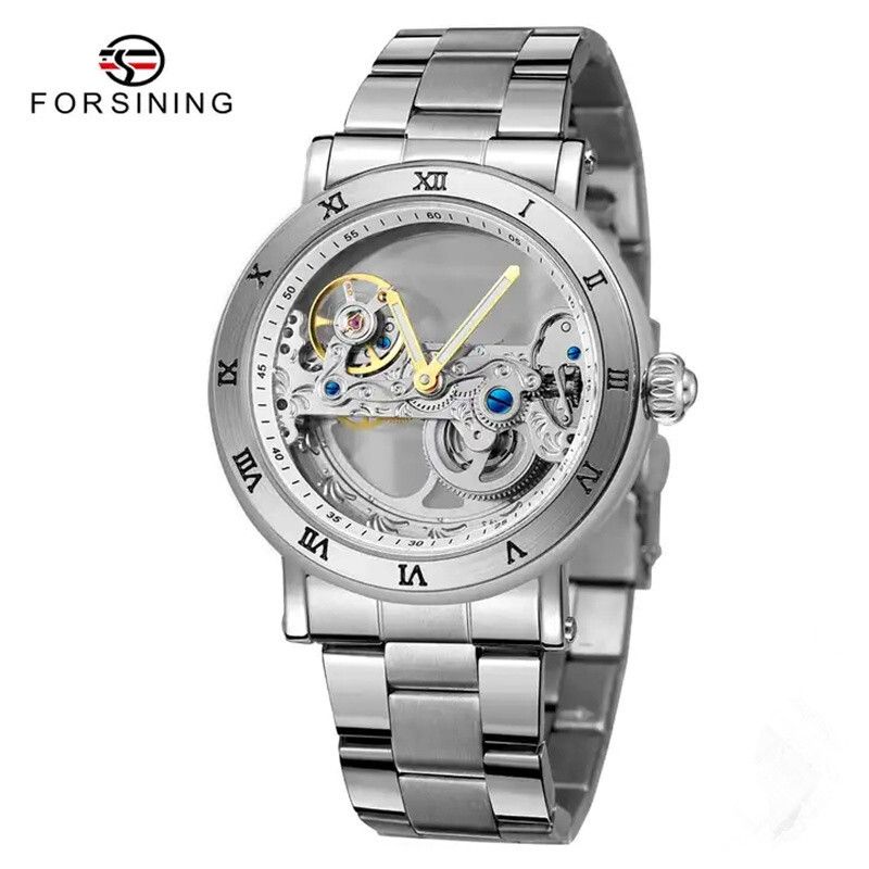 Forsining 208S Reloj mecánico de moda con esqueleto transparente para hombre, de cuero, resistente al agua, con manecillas luminosas, estilo steampunk, automático._voghion.com