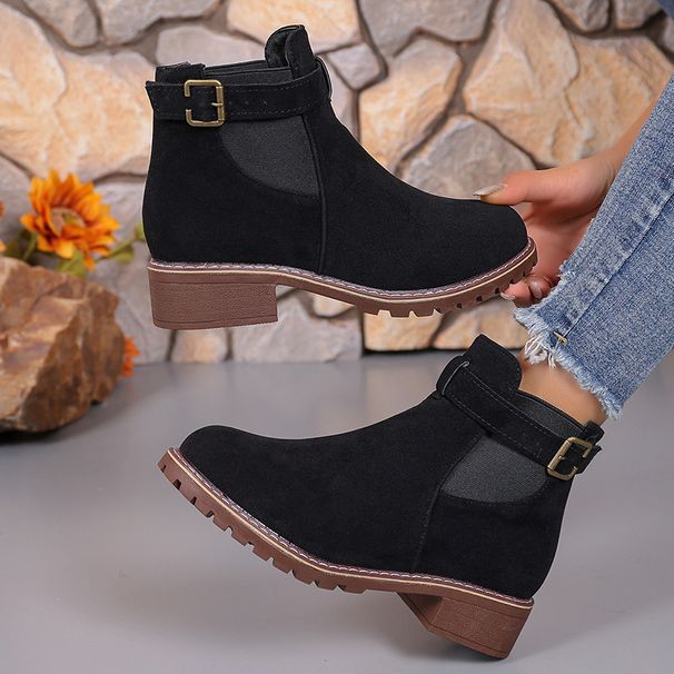 Black Martin Autumn Winter New Large Size Slip-On Short Trendy Round Toe Square Heel Mid-Calf Boots Women's Shoes_voghion.com