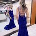 Sequined Ball Gown Slim Hip Wrapped Fishtail Small Trailing Evening Gown Spaghetti Straps V Neck Party Dress_voghion.com