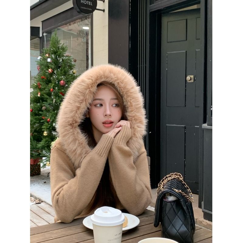 Women's Clothing style all match large fur collar hooded zipper lazy style sweater cardigan jacket autumn and winter high end knitted sweater top_voghion.com