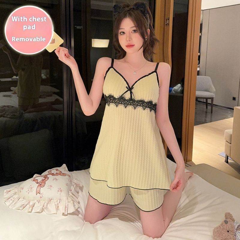 6535 Pijama Jacquard pentru fete 2024, vară dulce, cu bretele, cu saltea de piept, pantaloni scurți detașabili, set din două piese, haine de casă_voghion.com