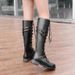 New Plus Size Knight For Women, Low Heel, Flat Bottomed, Round Toe, Belt Buckle, Cross Strap, Long Boots_voghion.com