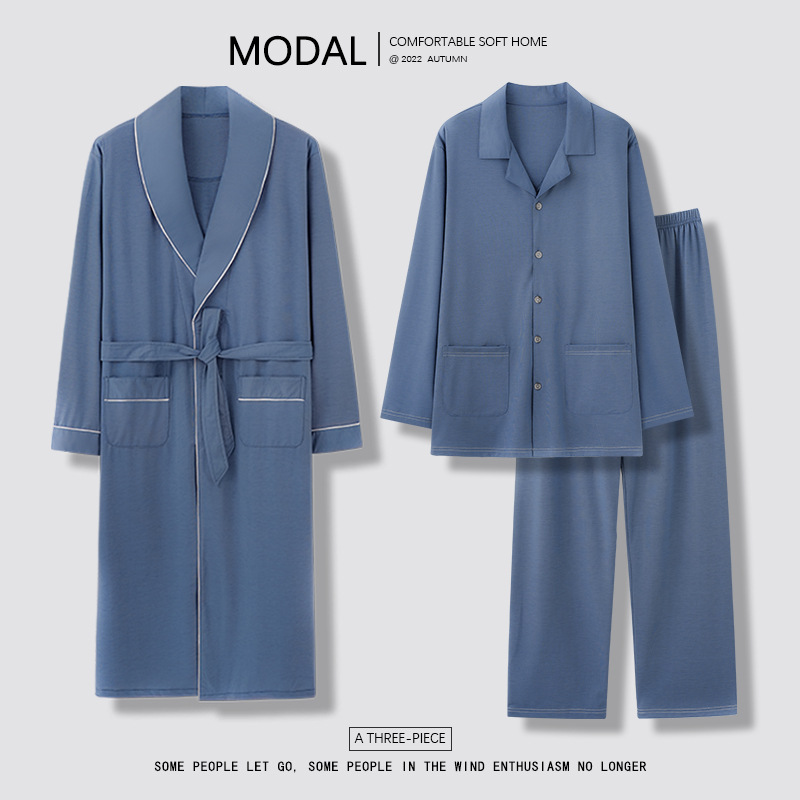 Modal pajamas men's three-piece suit 2023 new spring and autumn thin long-sleeved robe bathrobe home clothes large size_voghion.com