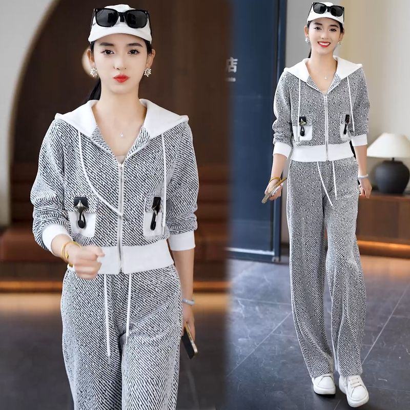 LazyZoom Fashion Casual Sports Suit For Women 2025 Spring New Hooded Cardigan Jacket Wide-leg Pants Slimming Two-piece Set Trendy_voghion.com