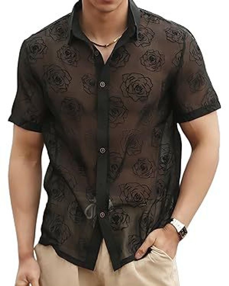 Camicia casual da vacanza a maniche corte con bottoni trasparenti in rete a fiori di rosa da uomo_voghion.com