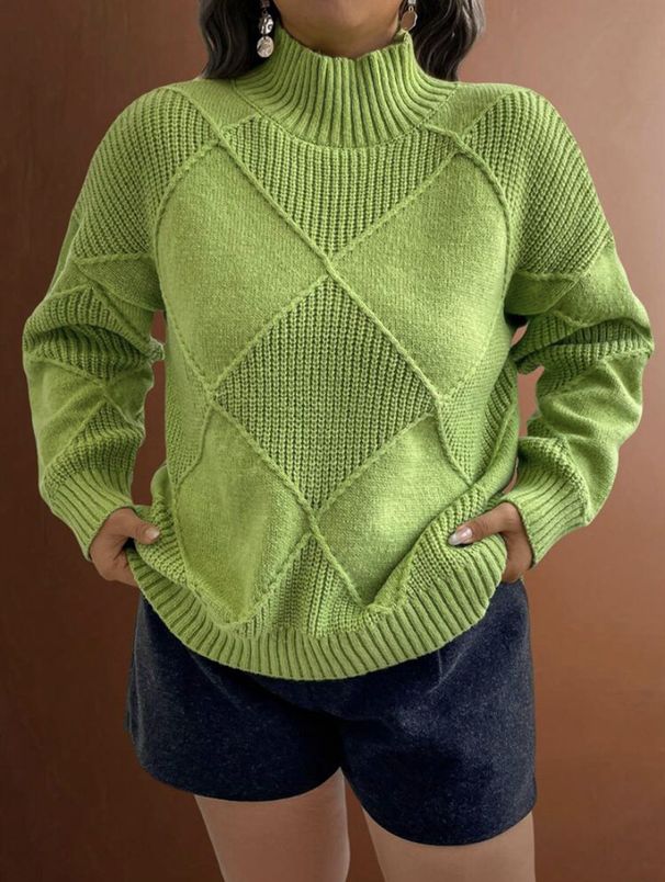 Bold Geometric Knit Sweater – Oversized High-Neck Pullover With 3D Jacquard (S-XL, Acrylic-Nylon Blend, Ice Cream Color Palette)_voghion.com