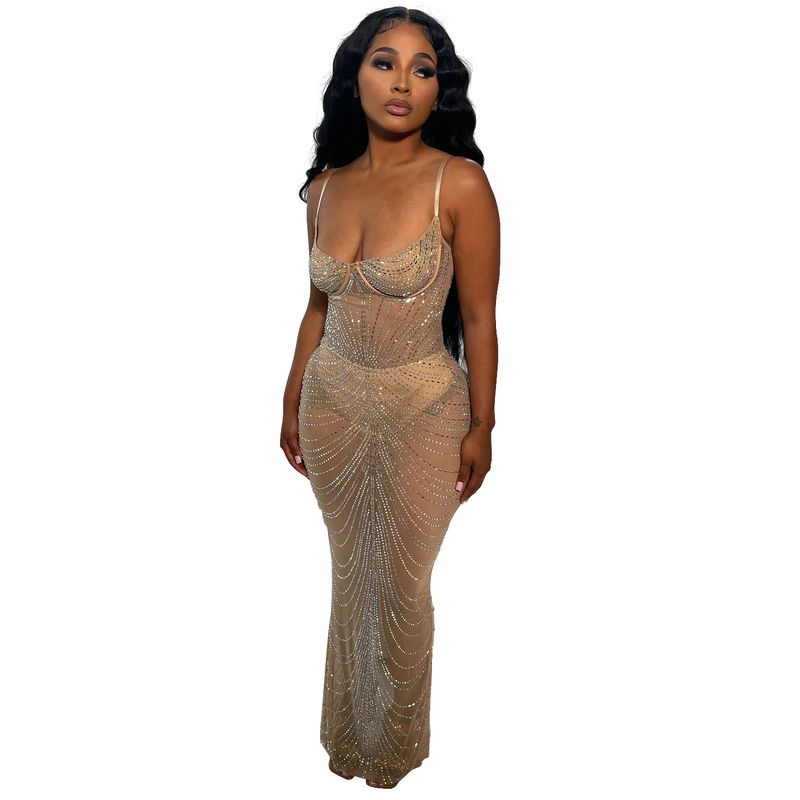 Damkläder Enfärgad Mesh Hot Diamond Suspender Lång Kjolklänning_voghion.com