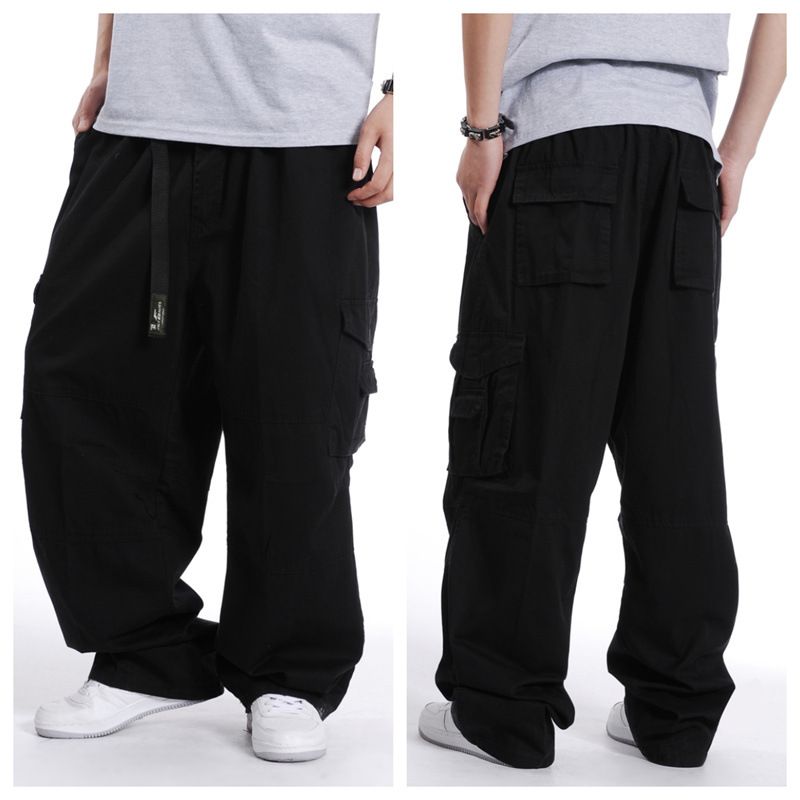 Übergroße Herrenkleidung Frühling und Herbst Herrenhose mit mehreren Taschen Baumwolloveralls für dicke Männer in Übergröße mit weitem Bein und elastischer Taille, lockere lange Hose_voghion.com
