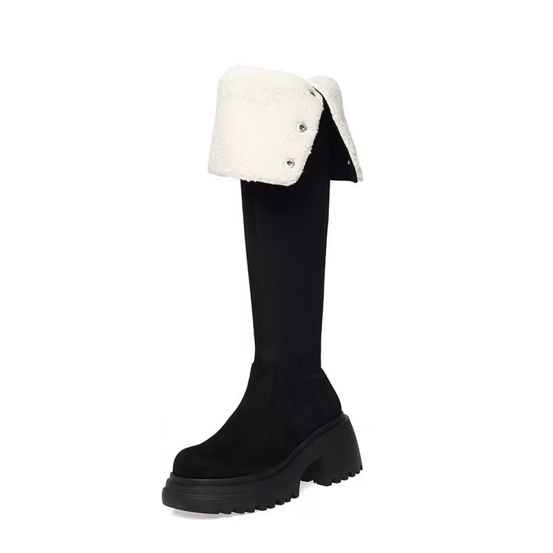 Bottes de cowboy Bottes au-dessus du genou en daim noir pour femmes à double pli avec bottes de cavalier à plateforme_voghion.com