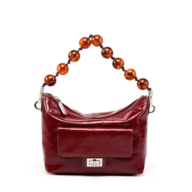 Umhängetasche und Schultertasche mit Perlenkette – Retro-Handtasche aus gewachstem Leder, gefaltet (modische Tragetasche für Damen, Vintage-Faltendesign)​​_voghion.com