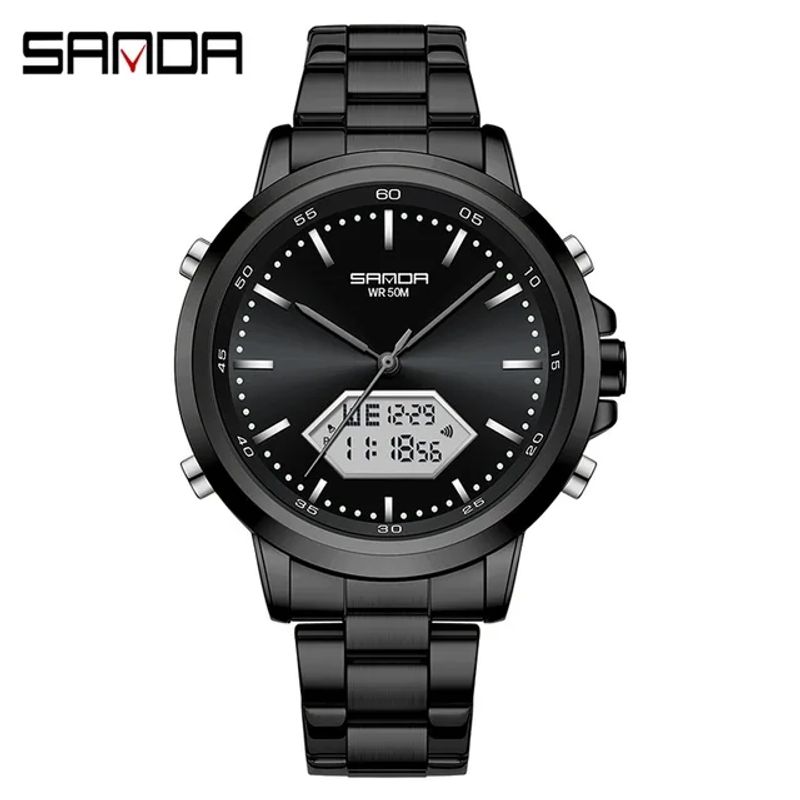 Sanda 3301 Hochwertiges Edelstahl-/Lederarmband Coole Herren-Neuankömmlingsuhr mit Kalender, stoßfest, wasserdicht, Wecker_voghion.com