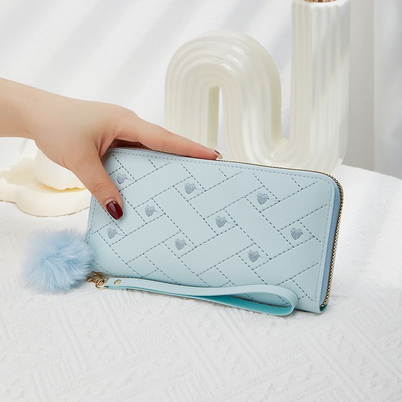 Women's Short Wallet With Single Zipper - Multi-Functional Wristlet Purse Featuring Heart Embroidery (Available, RFID Protection)_voghion.com