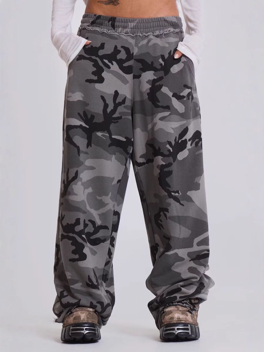 Unisex-Jogginghose mit Vintage-Camouflage-Print – Locker sitzende Hose mit hohem Bund und offenem Saum (S-XXL)_voghion.com