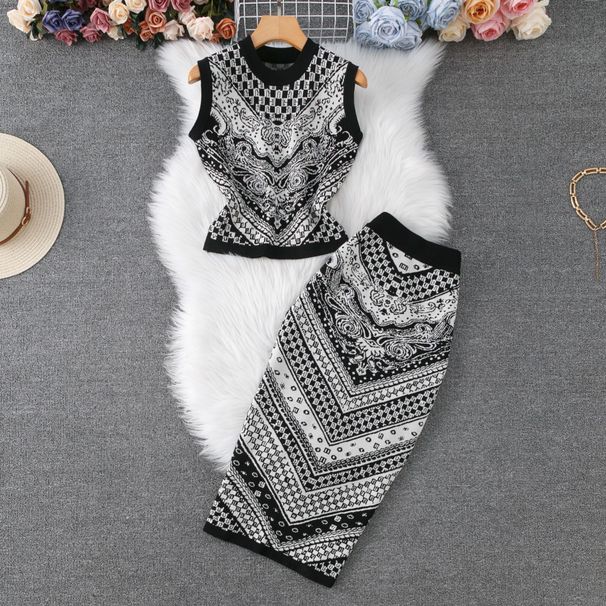 Abito da donna in maglia jacquard retrò, gilet senza maniche da donna, gonna di media lunghezza, abito da donna di alta qualità in due pezzi_voghion.com