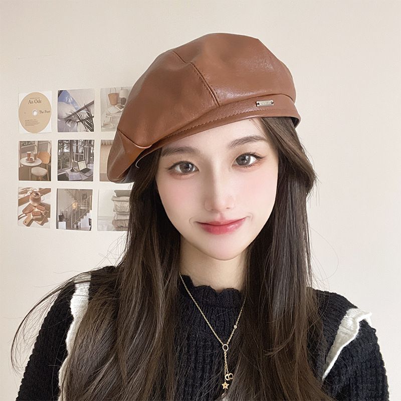 Kadınlar İçin Sonbahar Yeni Şapka, Deri Küçük Yüzlü Bere, Niş Kişilikli Sanatçı Şapkası, Bere Modeli_voghion.com