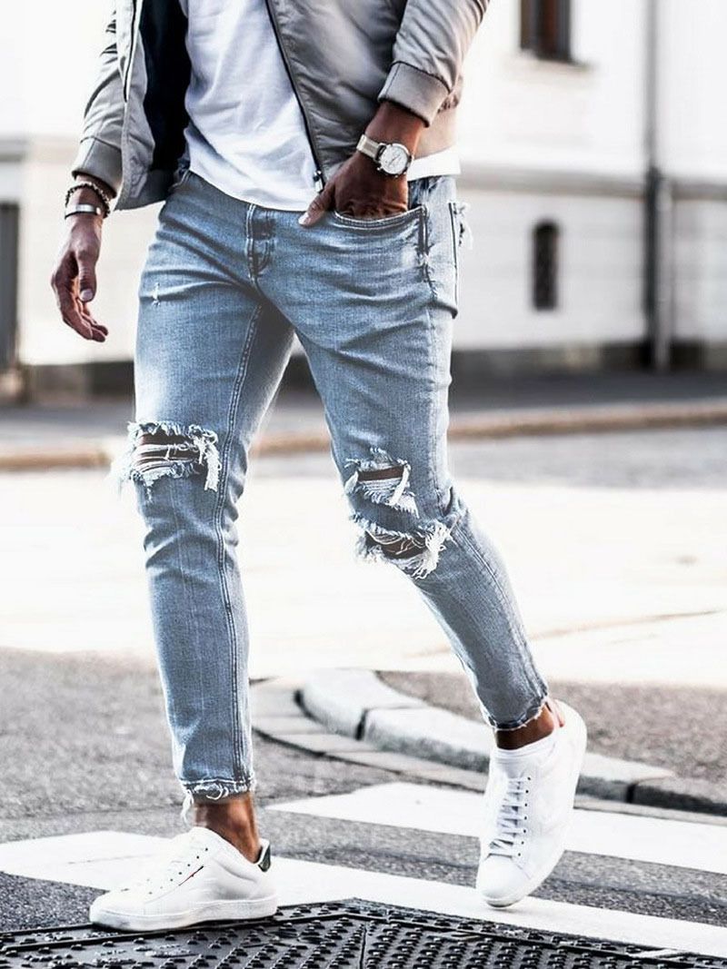 Denim with holes are and slim in autumn. New style elastic trousers for men's Slim-fit pants_voghion.com