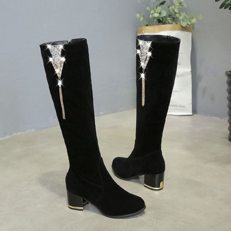 Botas de tacón grueso y alto de piel esmerilada para mujer, botas de forro polar con cremallera lateral, cálidas, de pierna alta y ajustada para mujer_voghion.com
