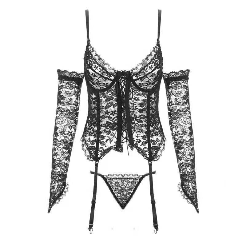 Intimo Corsetto nero con lacci, intimo modellante sexy traspirante con rifiniture in pizzo_voghion.com