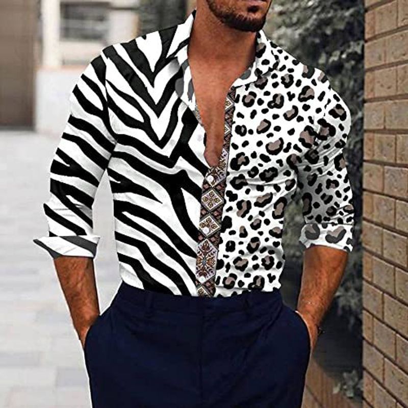 chemise à manches longues à revers à imprimé numérique pour hommes, coupe slim, motif floral, motif fleur de cajou_voghion.com
