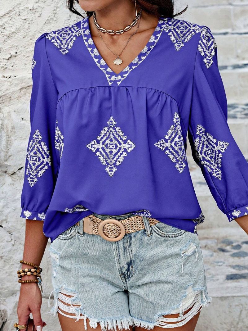 Vêtements pour femmes transfrontaliers SheInTemu Chemise à manches courtes décontractée et confortable, décontractée, polyvalente, mode décontractée, col en V, imprimé_voghion.com