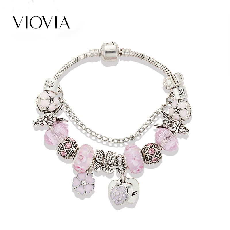 New Pink Oil dripping Flower Crystal Glass Beaded Bracelet Diy Angel Peach Heart Pendant Bracelet_voghion.com
