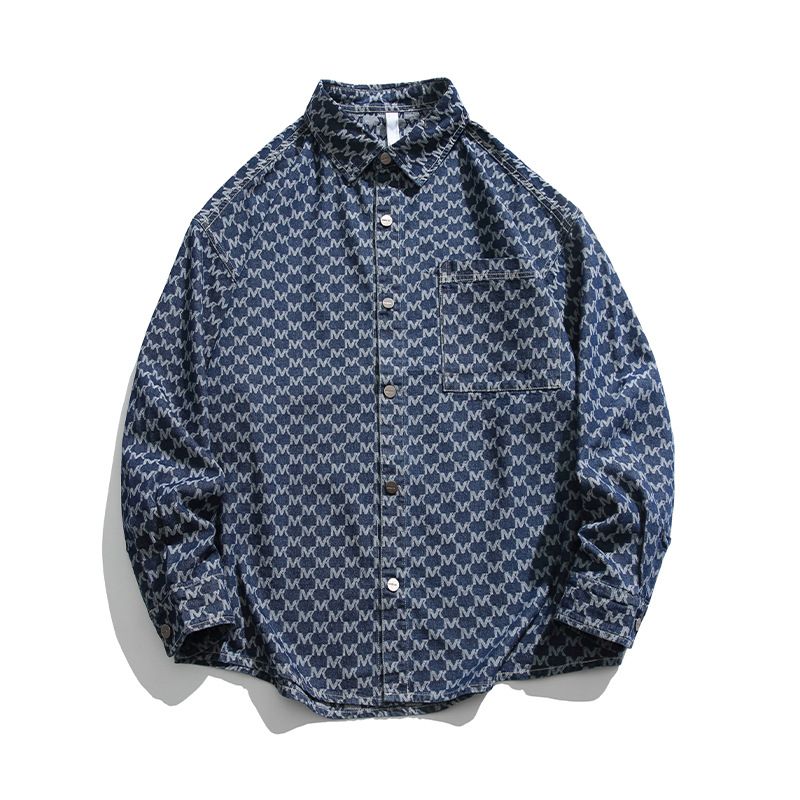 Men's Clothing Retro Autumn New Long Sleeved Shirt Jacket Couple Trendy Jacquard Denim Shirt_voghion.com