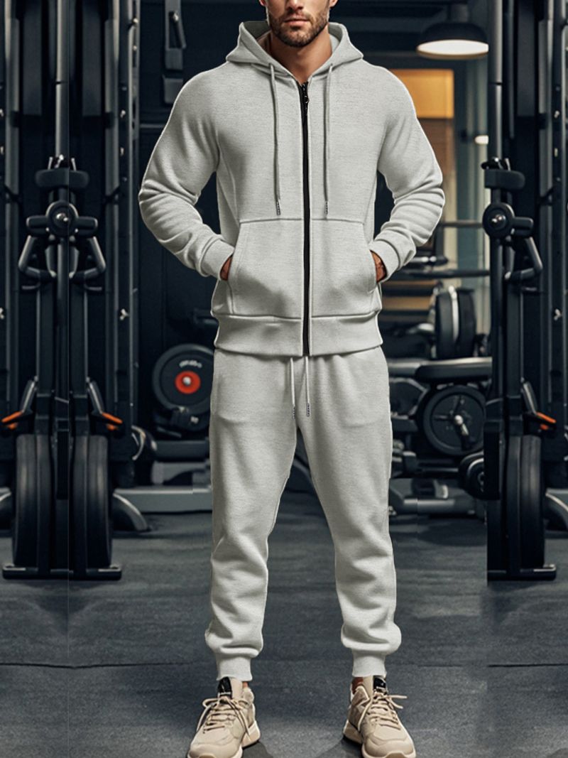 Herrenbekleidung Schweres, einfarbiges, langärmeliges Kapuzenpullover-Set für Freizeitsport und Samt_voghion.com