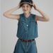 Audday First Look Vintage Summer Frayed Short Sleeveless A-line Low Waist Elegant Denim Skirt Set_voghion.com