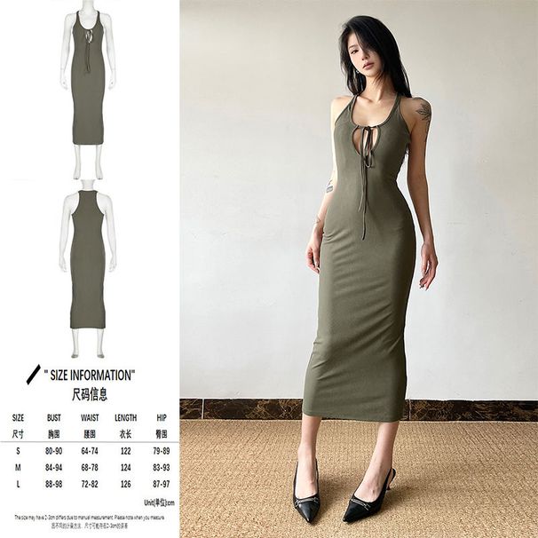 IAMSURE Vestito aderente lungo e aderente da donna in maglia cava con lacci sexy_voghion.com