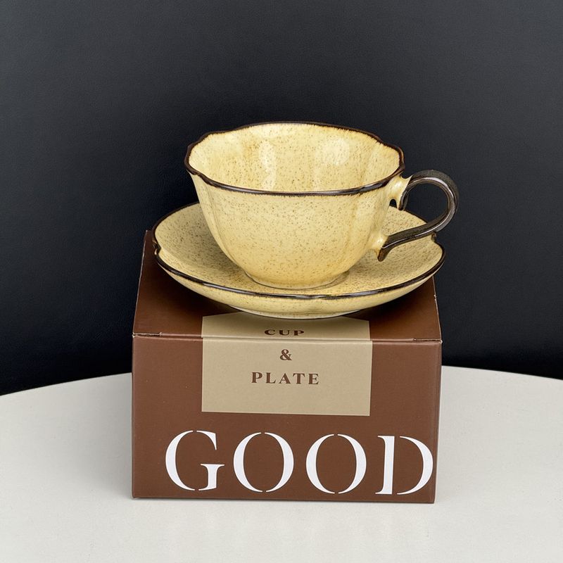 Conjunto de xícara e pires para chá da tarde com arte minimalista francesa para café, café e latte, mudança de forno, cerâmica, sob o esmalte_voghion.com