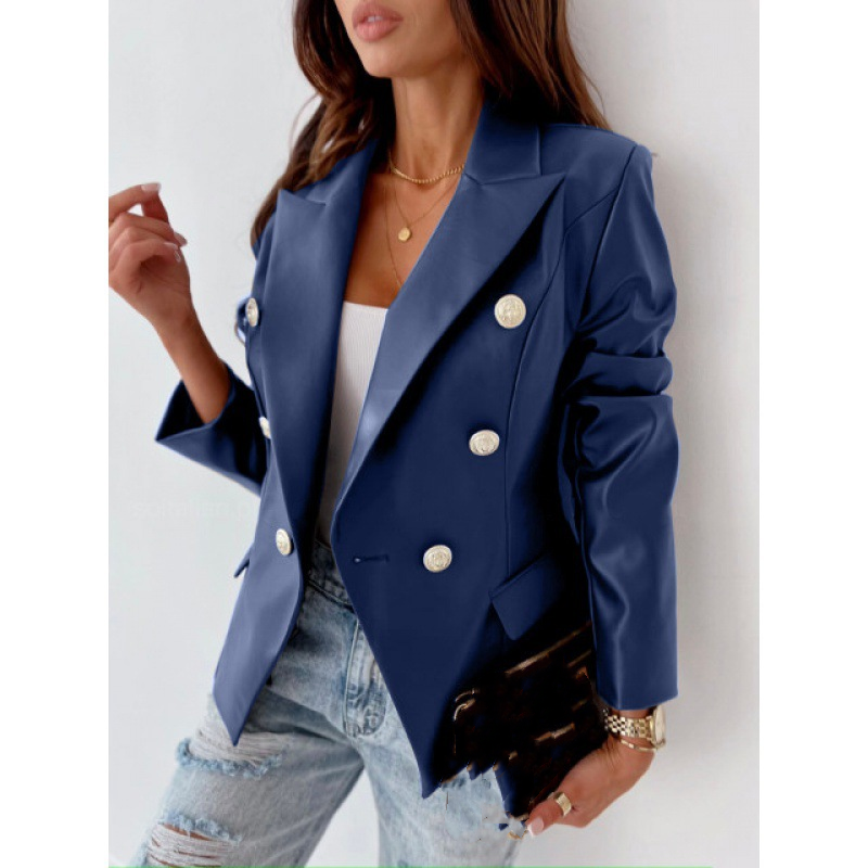 Women's Clothing new style long sleeved double breasted fashionable PU leather suit small jacket_voghion.com