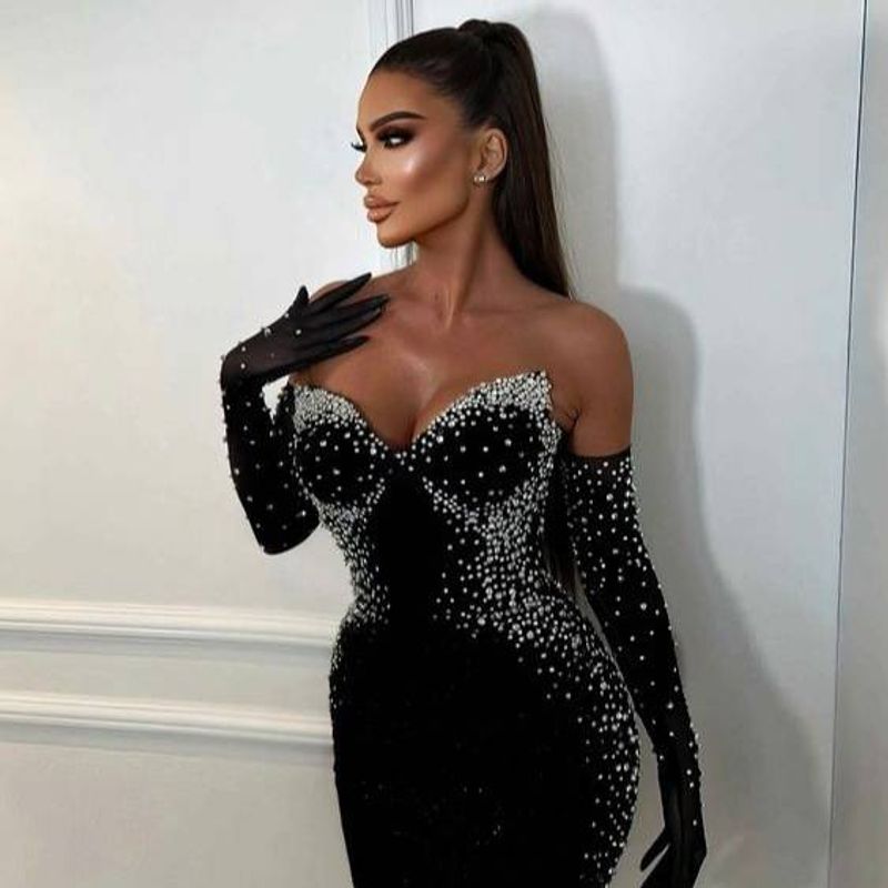 Women's Clothing winter new fashion sexy pearl decoration celebrity style tube top bandage long skirt_voghion.com