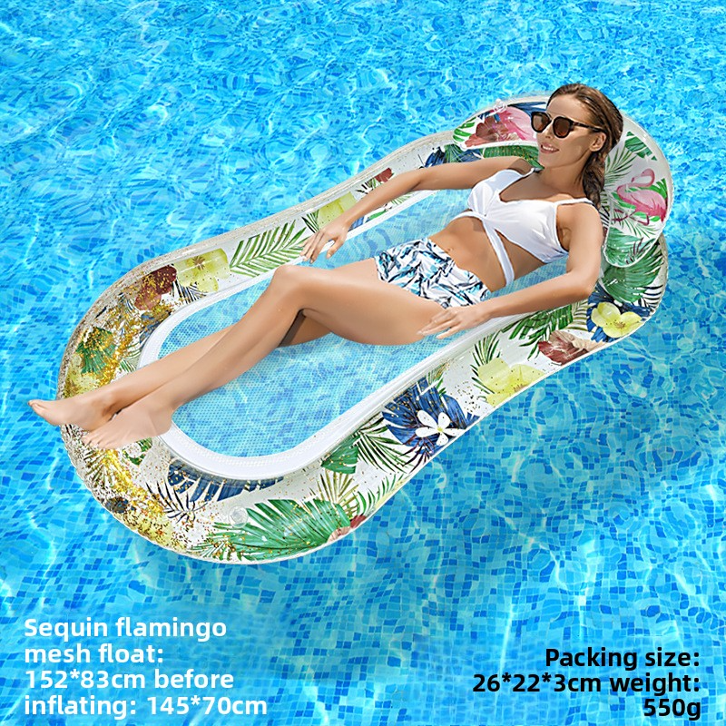 Flotteur gonflable écologique en forme de flamant rose - Lit flottant simple avec paillettes et oreiller amovible (chaise longue d'été en PVC léger)_voghion.com