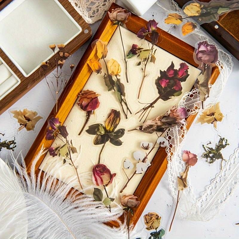 40pcs/pack Of Rose, Fallen Leaf And Other Plant Series Stickers, Made Of PET Material, Suitable For DIY Tent Material Decoration_voghion.com