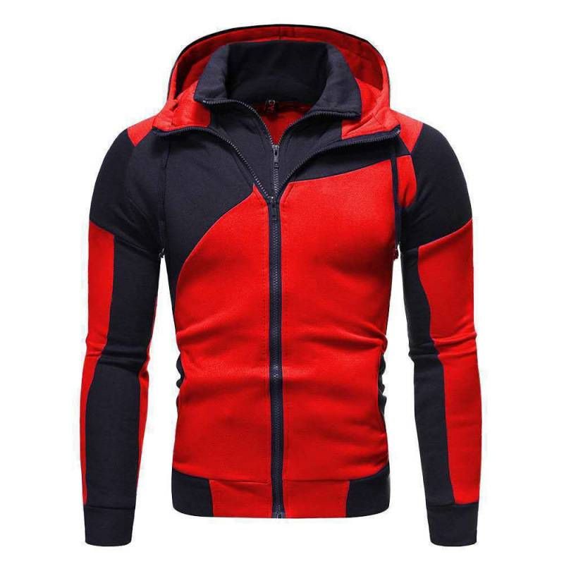 Giacca casual alla moda da uomo con cappuccio e doppia cerniera, sportiva, a blocchi di colore_voghion.com