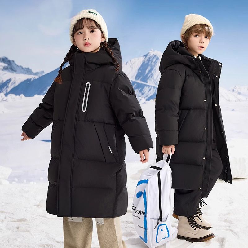 Kids' Long Winter Puffer Coat – Thickened Polyester Jacket With Detachable Hood For Boys & Girls (120-170cm, Black/Red/White, Windproof & Soft)_voghion.com