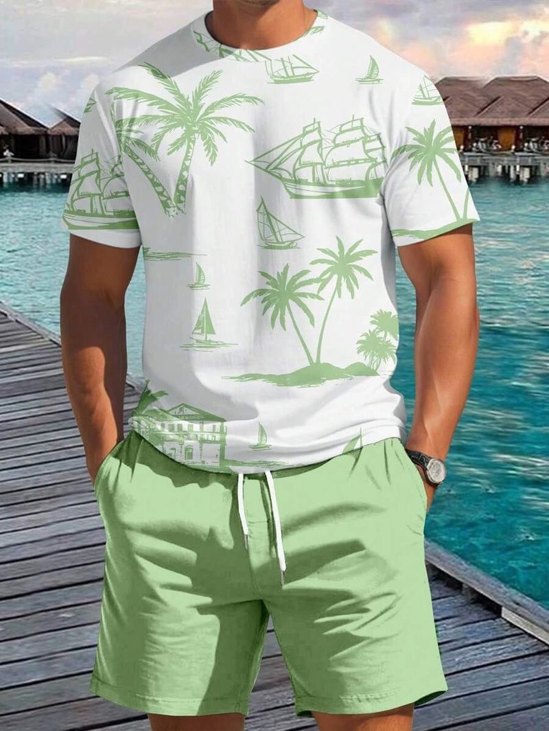 Sommer Herren Bedruckte Shorts Kurzarm Lässiger Strandanzug_voghion.com