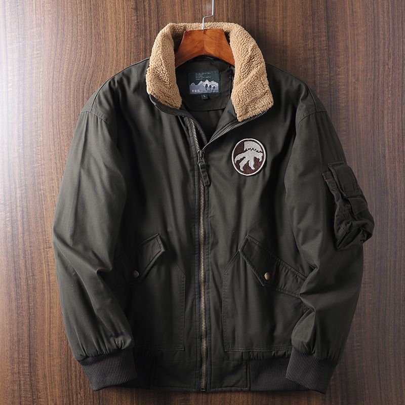 Winter-Bomberjacke für Herren mit Fleecefutter und Lammfellkragen – Klassischer Arbeitsmantel im Militärstil (mehrere Farben und Größen)​_voghion.com