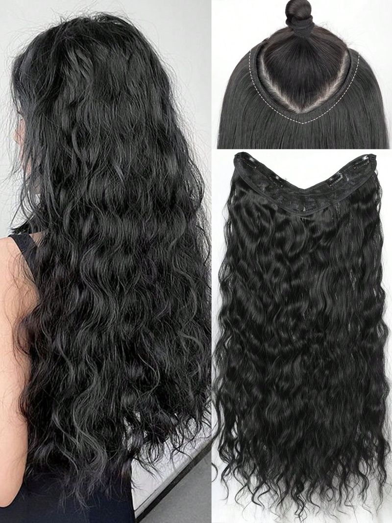 Clip sintetica resistente al calore a forma di V nelle estensioni Acconciatura lunga ondulata Parrucchino Capelli finti naturali marroni neri per_voghion.com