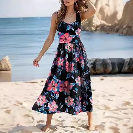 2024 Spring/Summer Women's Round Neck Printed Large Pendant Dress Long Skirt_voghion.com