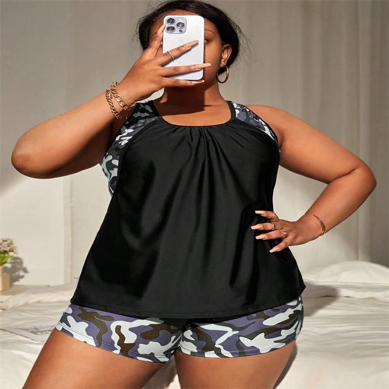 Maillot de bain deux pièces grande taille : haut tankini et short de bain pour femme, tissu polyester confortable, coupe couvrante._voghion.com